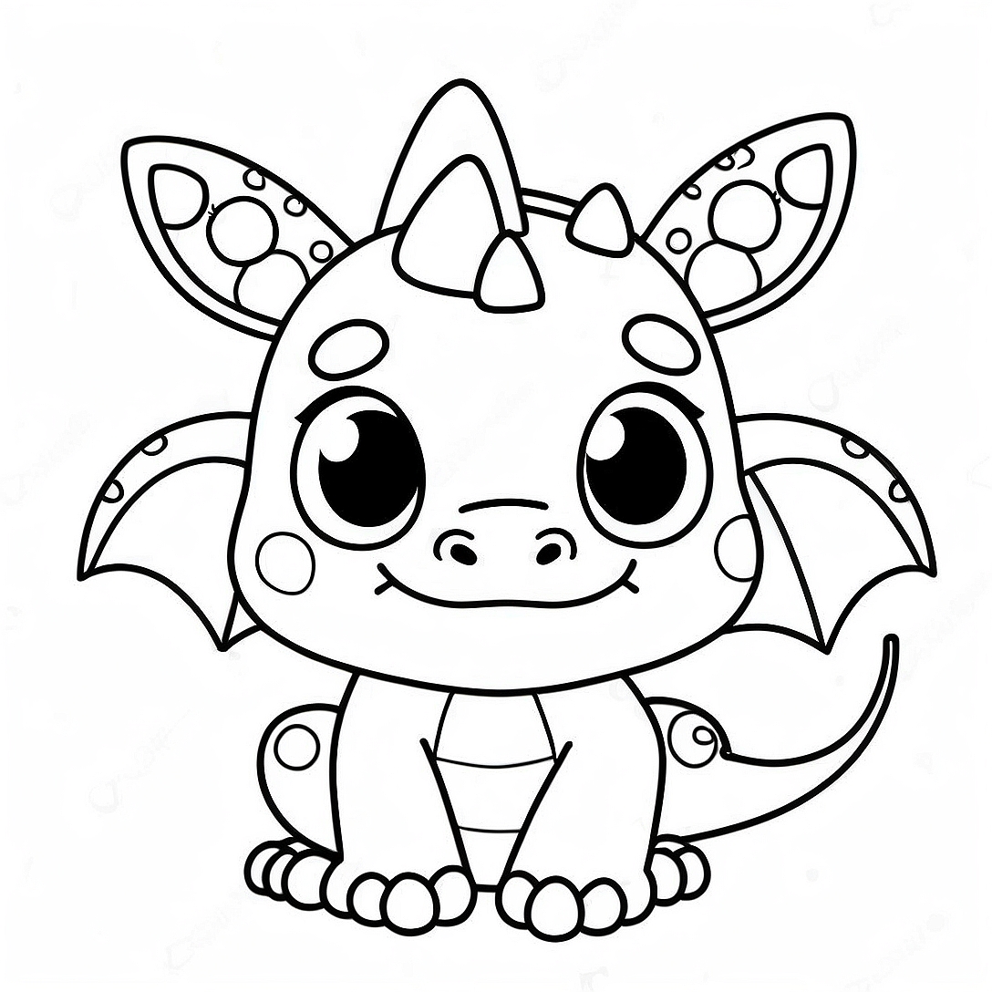 Adorable Kawaii Dragon with Sparkling Eyes Coloring Page | Mythical Creatures Kawaii Cute Dragon coloring page