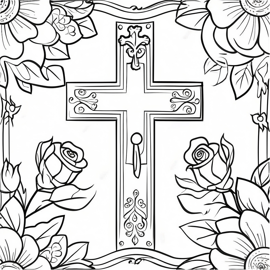 Cross with Roses Floral Design Coloring Page | Cross with Roses coloring page