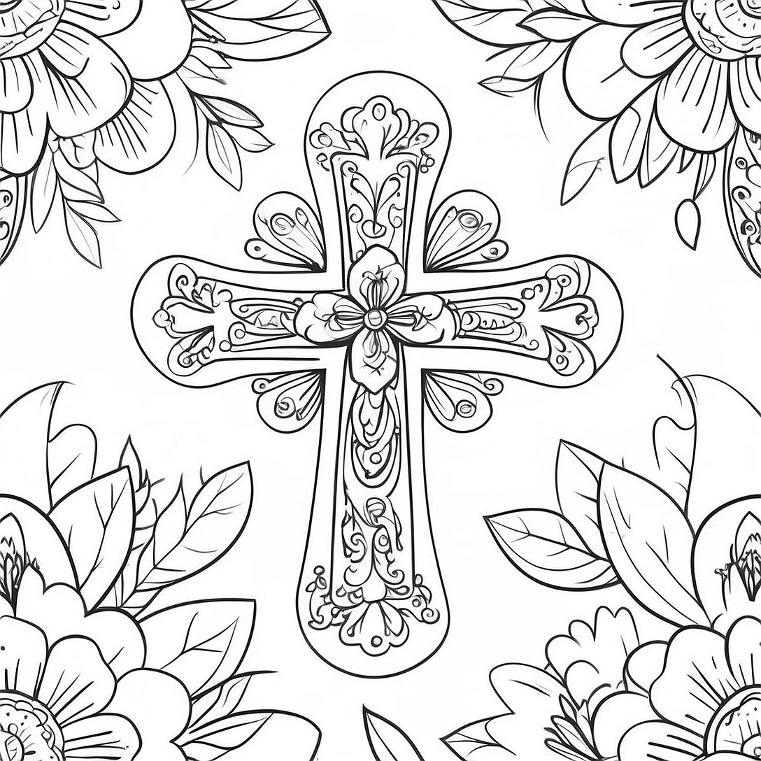 Intricate Cross with Roses Coloring Page | Cross with Roses coloring page