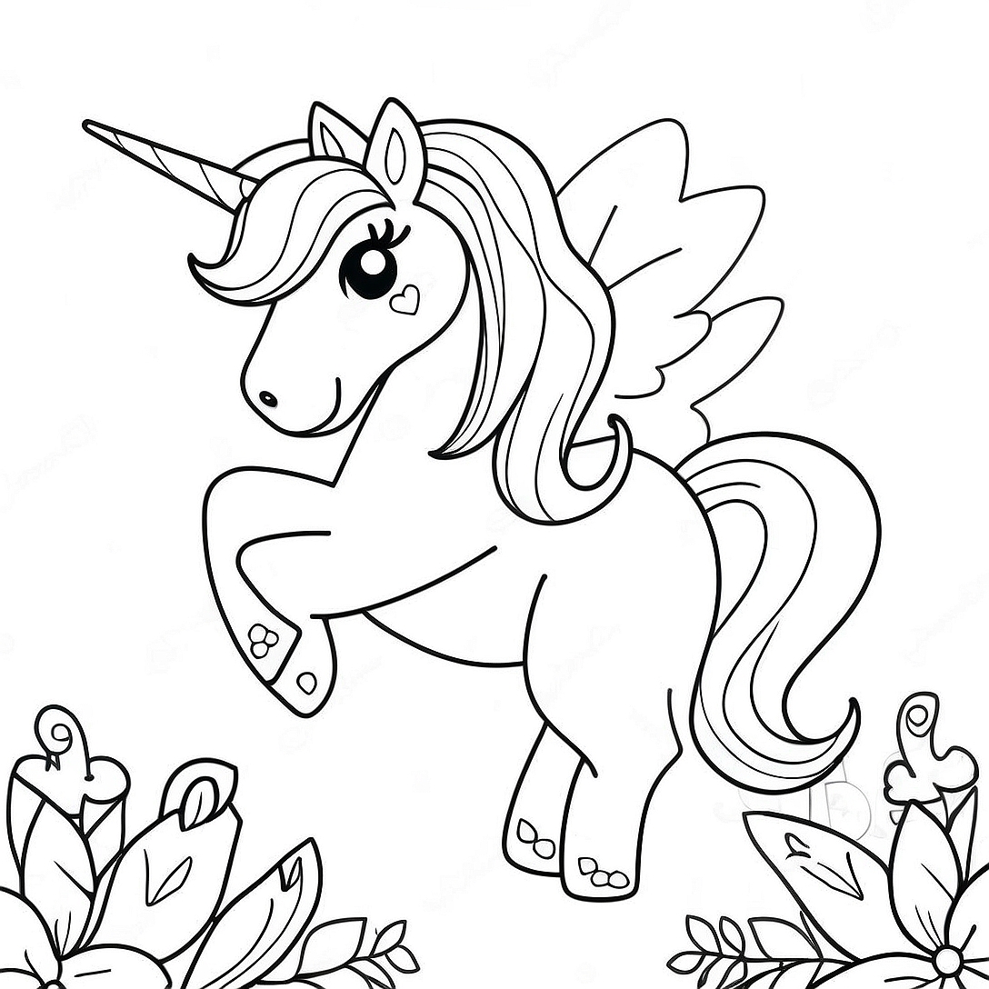 Sparkly Easter Unicorn with Flowers Coloring Page | Easter Unicorn coloring page