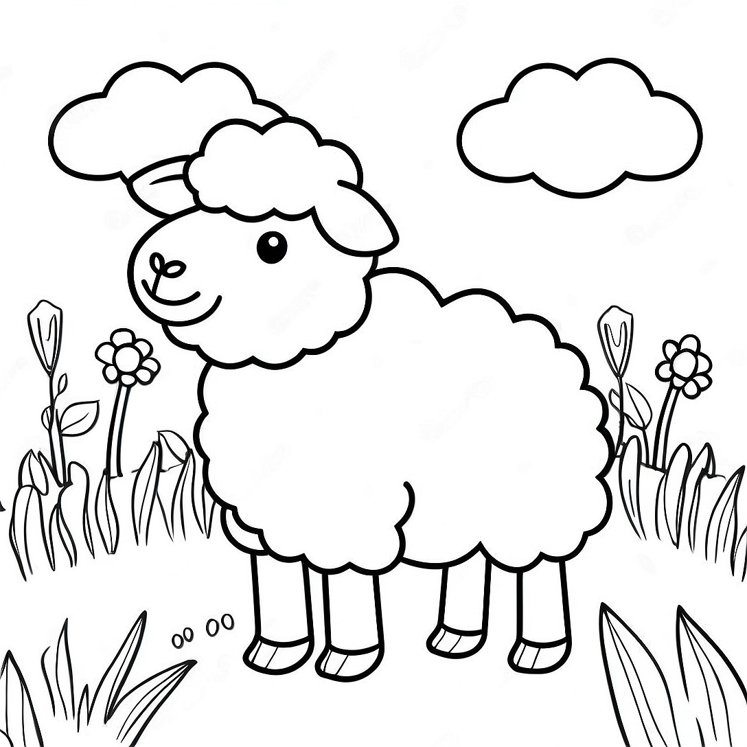 Fluffy Sheep in a Meadow Coloring Page | Sheep coloring page