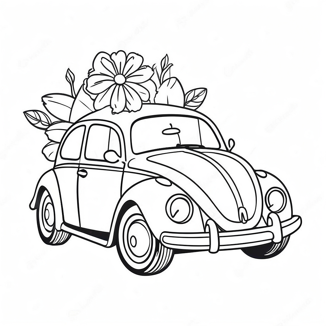 Cute VW Bug with Flowers Coloring Page | VW Bug coloring page