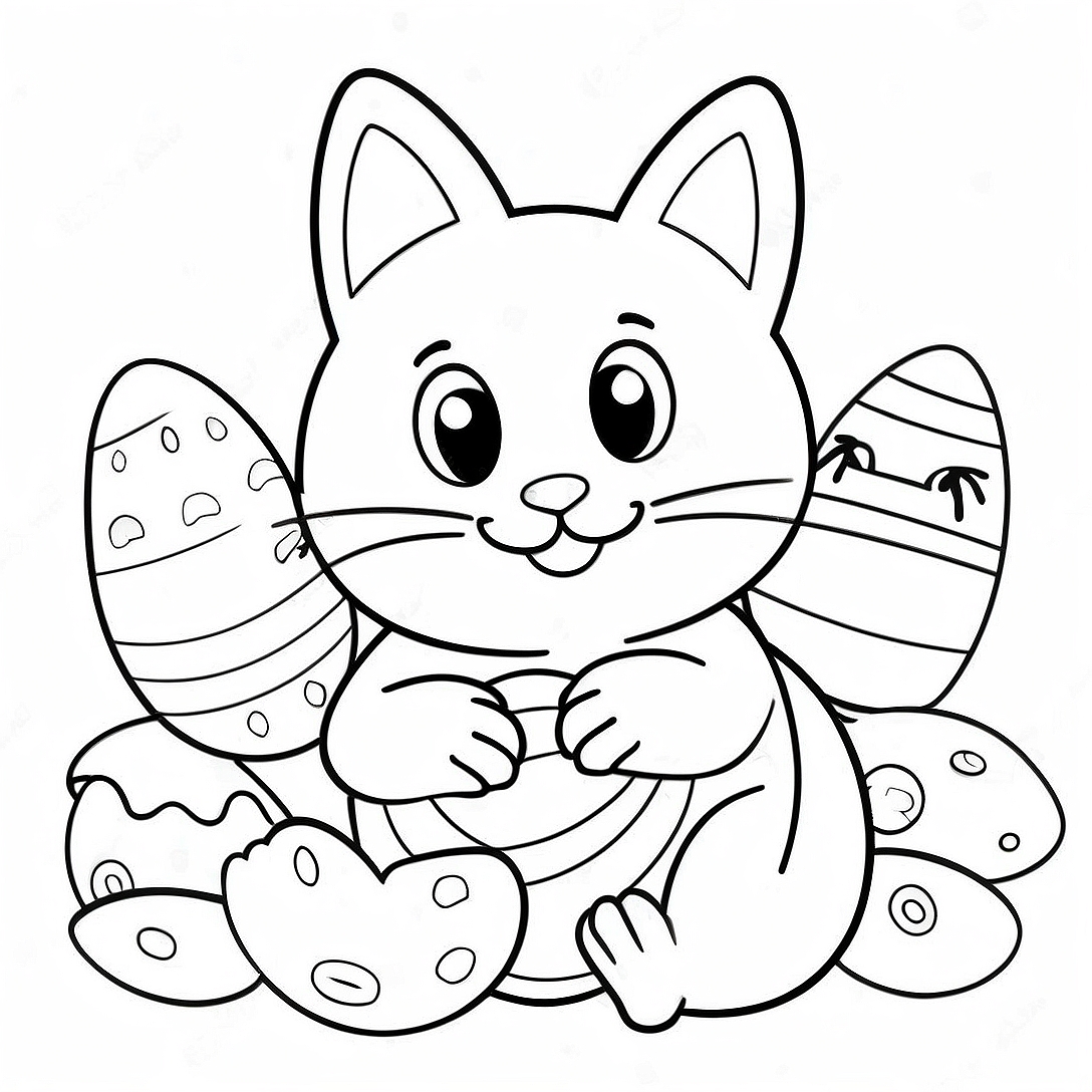 Playful Easter Cat with Eggs Coloring Page | Easter Cat coloring page