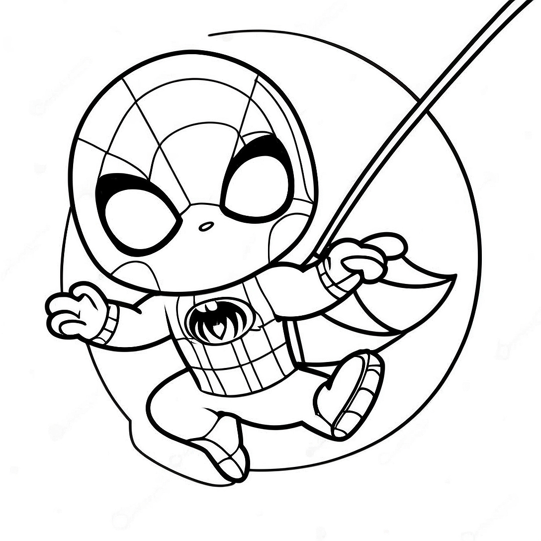 Chibi Spider-Man Swinging Coloring Page | Chibi Marvel coloring page