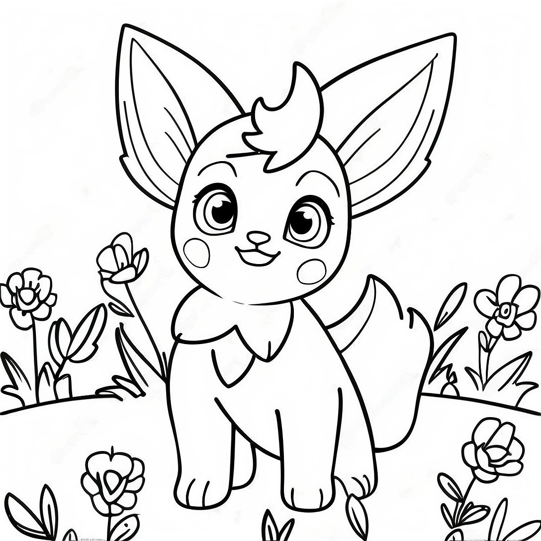 Cute Leafeon in a Flower Field Coloring Page | Leafeon coloring page