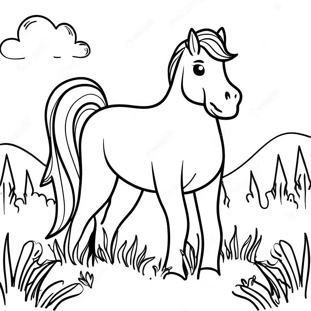 Majestic Wild Horse in a Meadow Coloring Page | Realistic Wild Horse coloring page