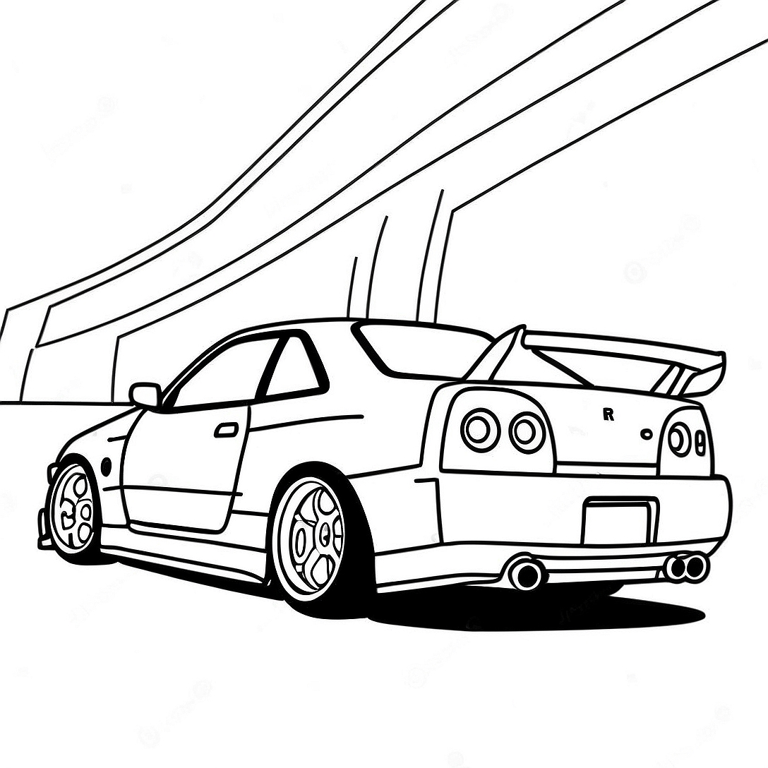 Nissan Skyline R34 in Motion Coloring Page | Nissan Skyline R34 coloring page