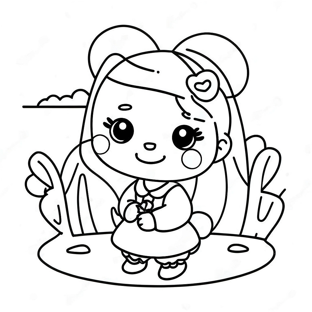 Kawaii Girl with Cute Animal Coloring Page | Easy Kawaii Girl coloring page