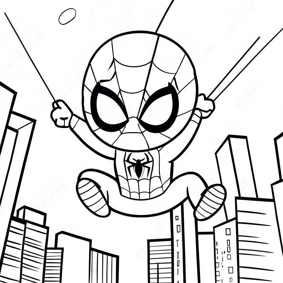 Chibi Spiderman Swinging Through City Coloring Page | Chibi Spiderman coloring page