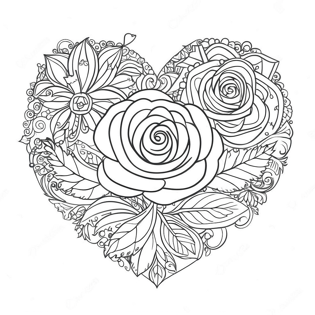 Intricate Rose Heart Design Coloring Page | Rose Heart for Adults coloring page