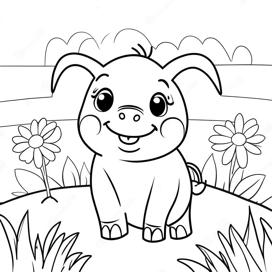 Adorable Piglet in a Flower Field Coloring Page | Cute Pig coloring page