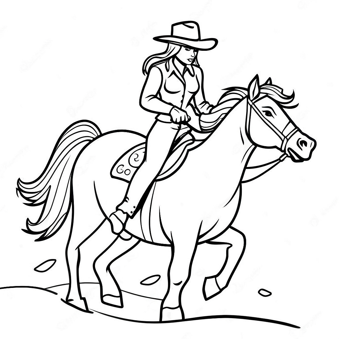 Realistic Cowgirl Riding Horse Coloring Page | Realistic Cowgirl coloring page