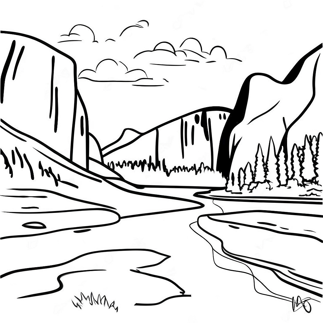 Majestic Yosemite Valley Coloring Page | Yosemite coloring page