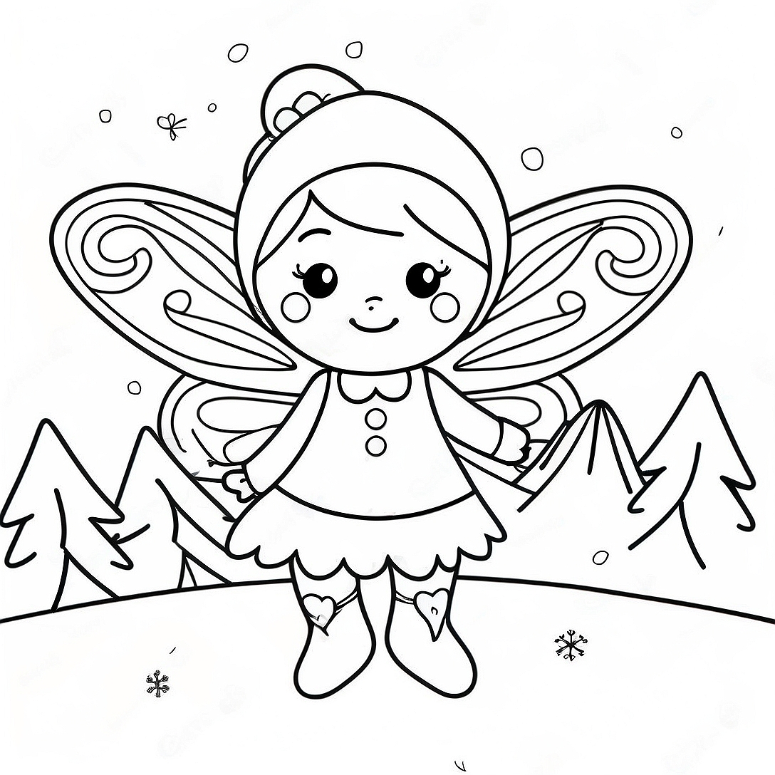 Sparkling Christmas Fairy in a Snowy Scene Coloring Page | Christmas Fairy coloring page