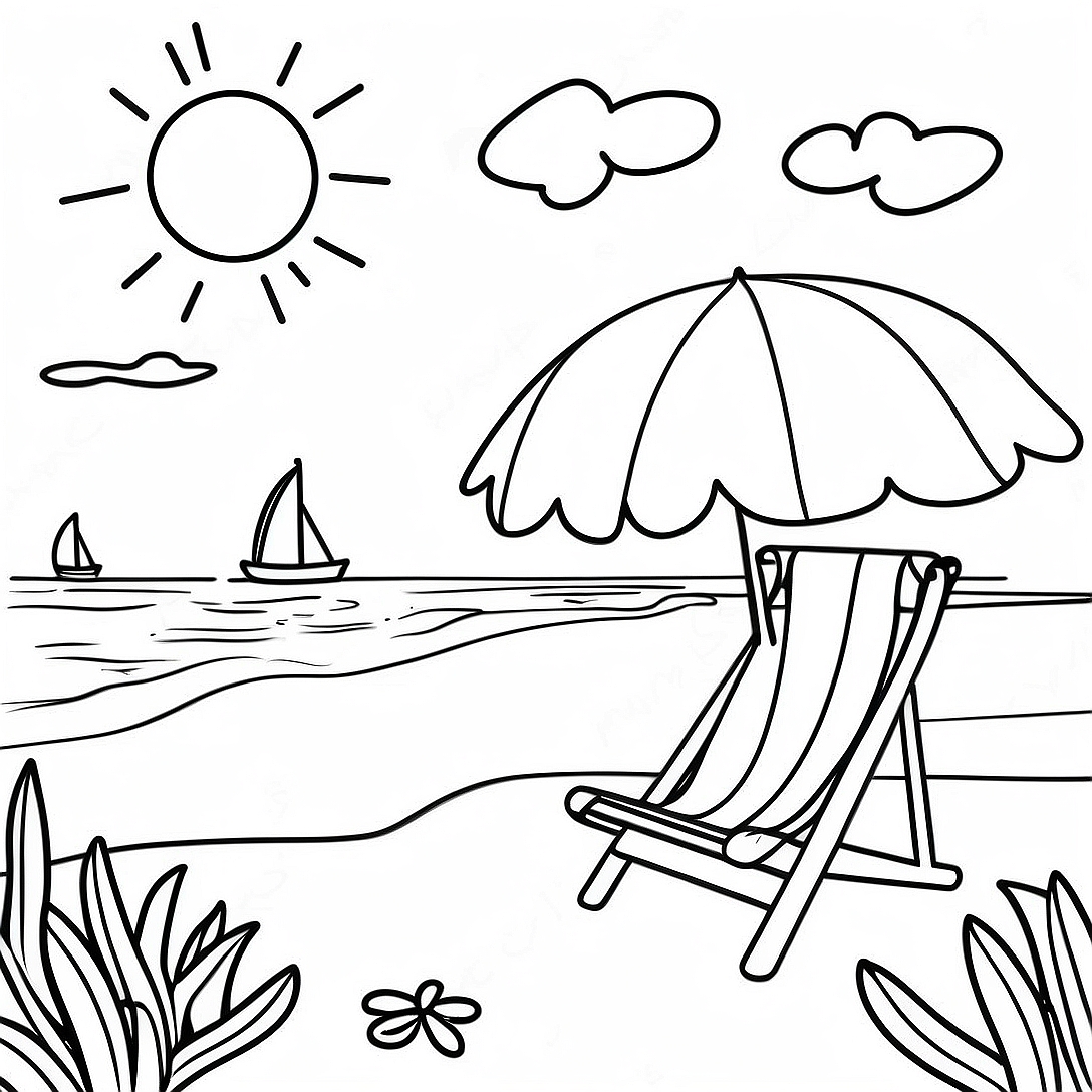 Spring Break Beach Scene Coloring Page | Spring Break coloring page