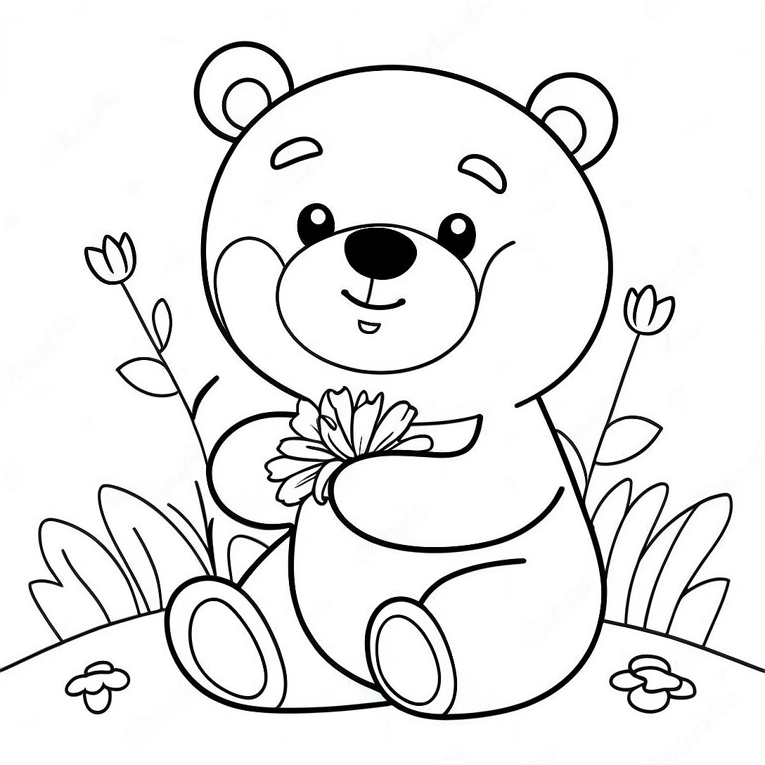 Cute Brown Bear with Flowers Coloring Page | Brown Bear coloring page