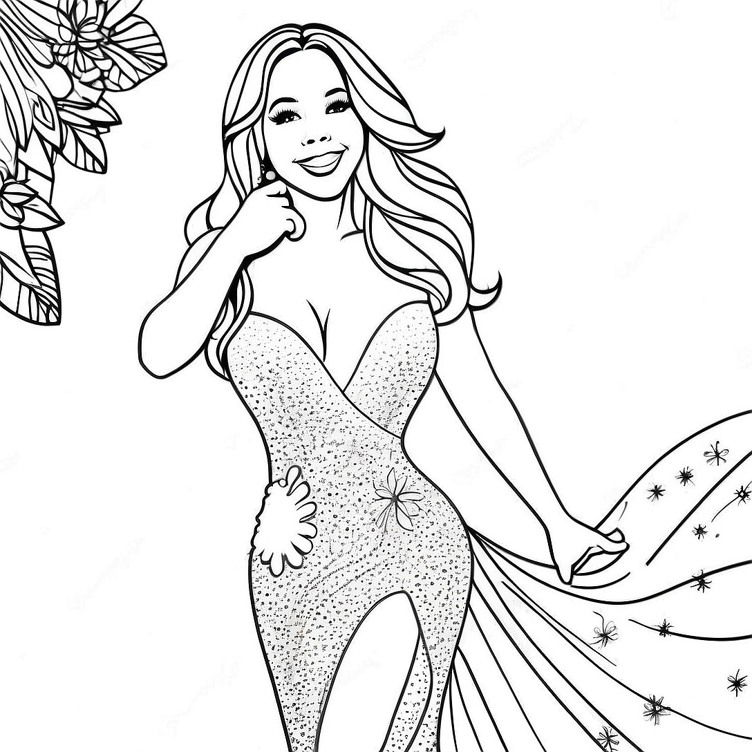 Mariah Carey with Glittering Dress Coloring Page | Mariah Carey coloring page
