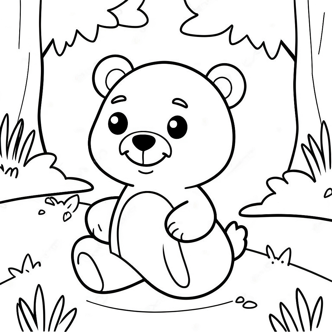 Cute Little Bear Playing in the Forest Coloring Page | Little Bear coloring page