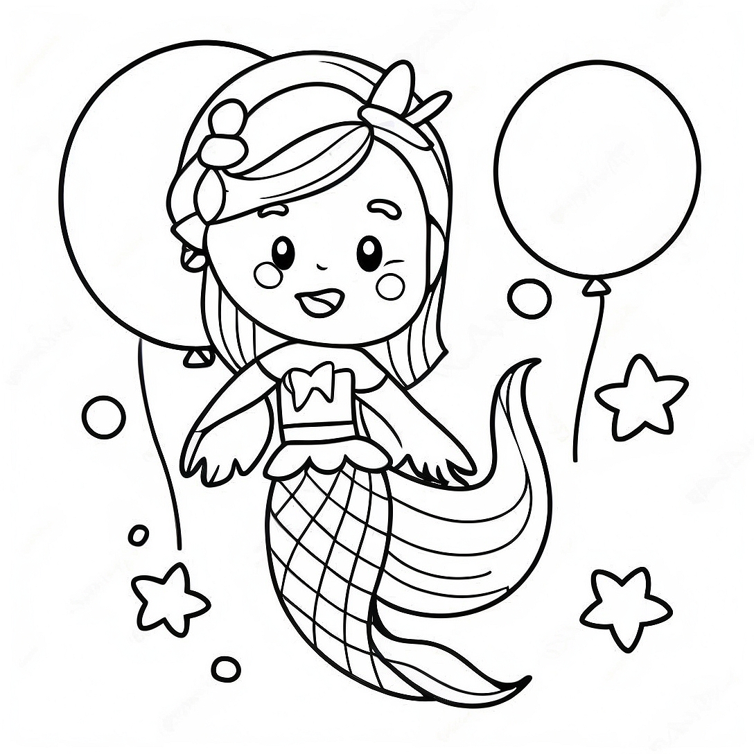 Happy Birthday Mermaid with Colorful Balloons Coloring Page | Happy Birthday Mermaid coloring page
