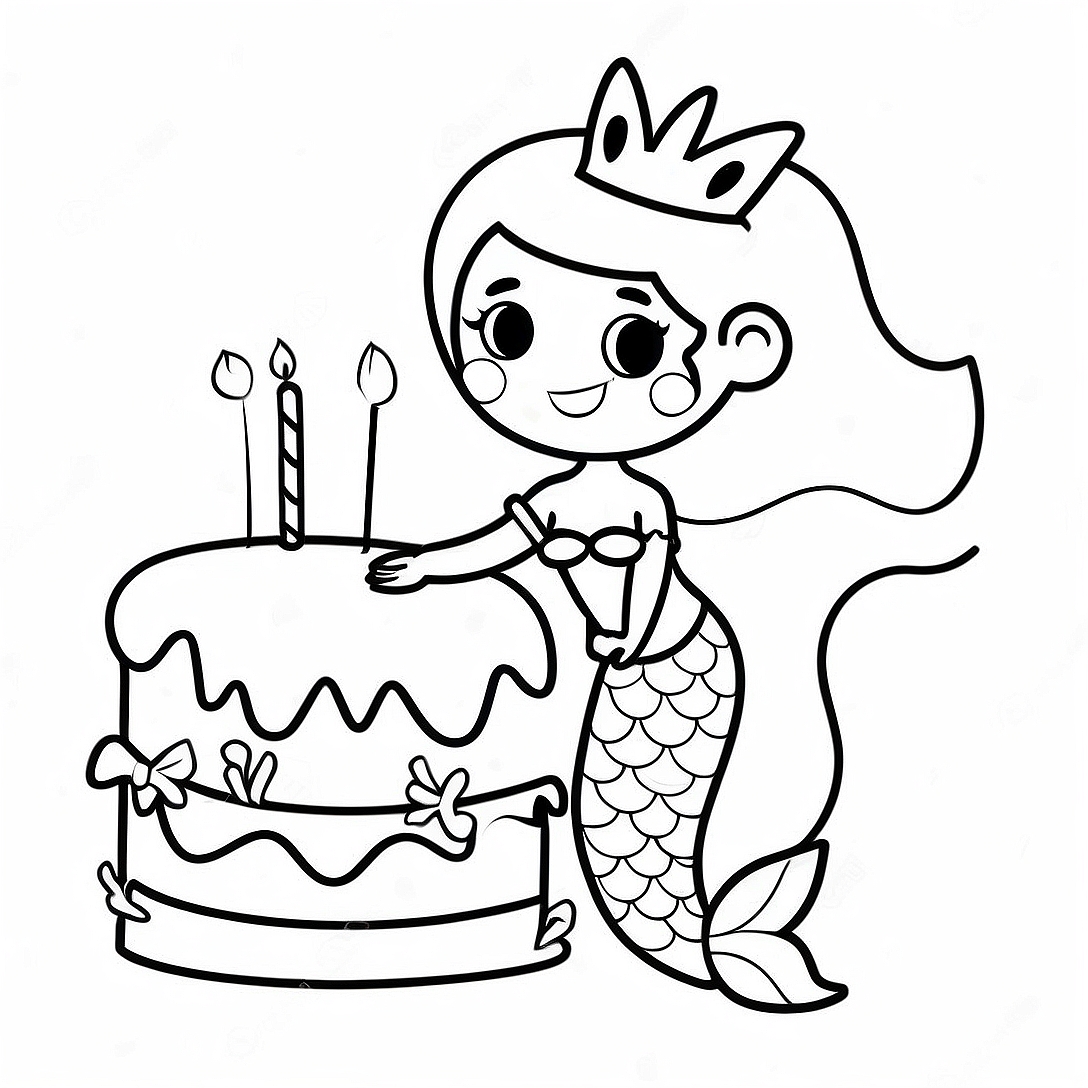 Cute Happy Birthday Mermaid with Cake Coloring Page | Happy Birthday Mermaid coloring page