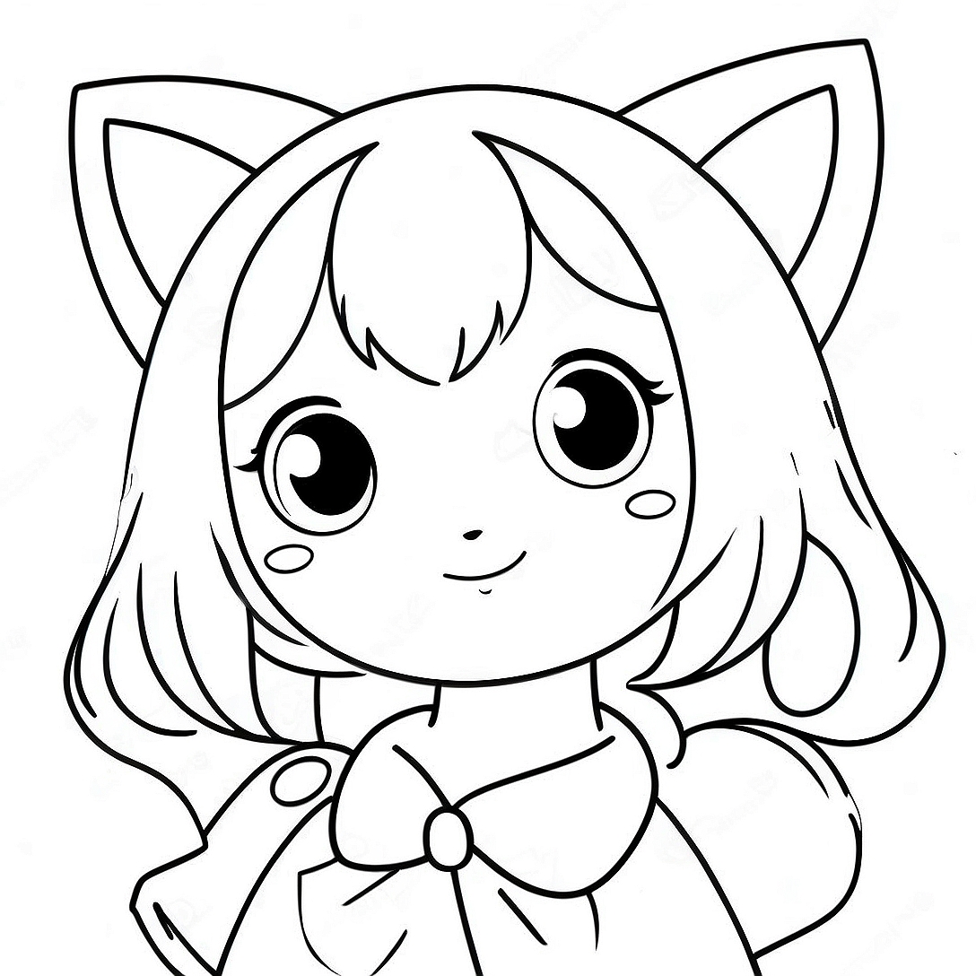 Cute Anime Girl with Cat Ears Coloring Page | Anime Girl coloring page