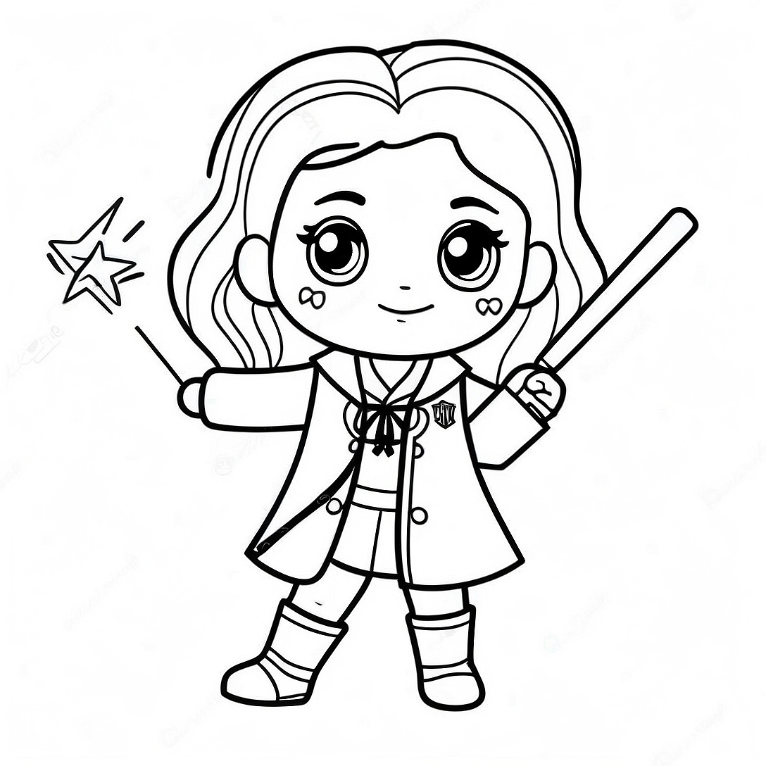 Chibi Hermione Granger with Wand Coloring Page | Harry Potter Chibi coloring page
