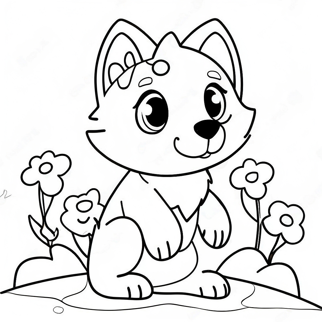 Playful Kawaii Wolf with Flowers Coloring Page | Kawaii Cute Wolf coloring page