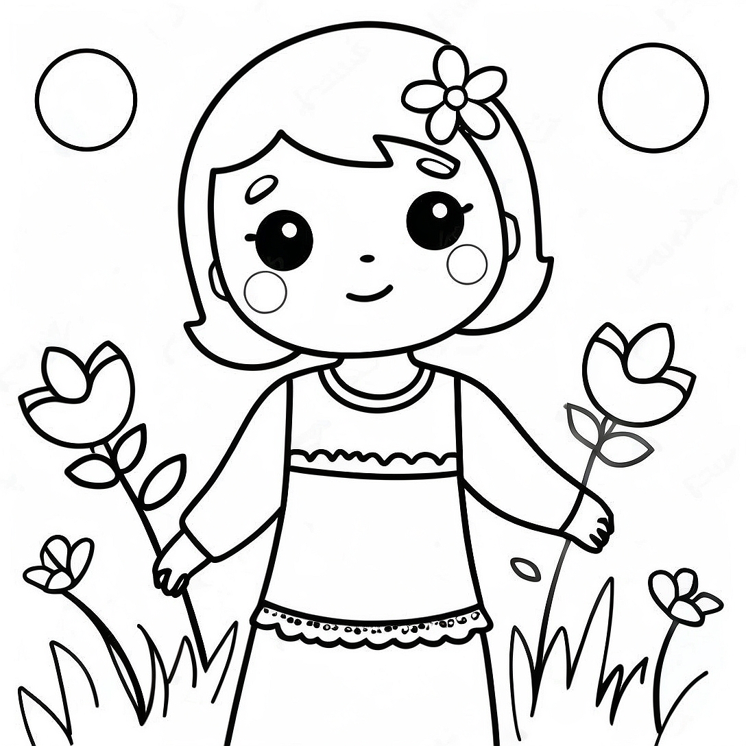 Cute Girl with Flowers Coloring Page | Beautiful Girl coloring page