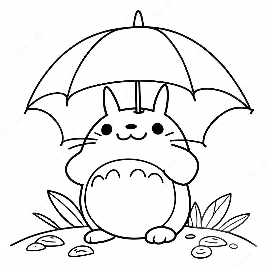 Cute Totoro with Umbrella Coloring Page | Totoro coloring page