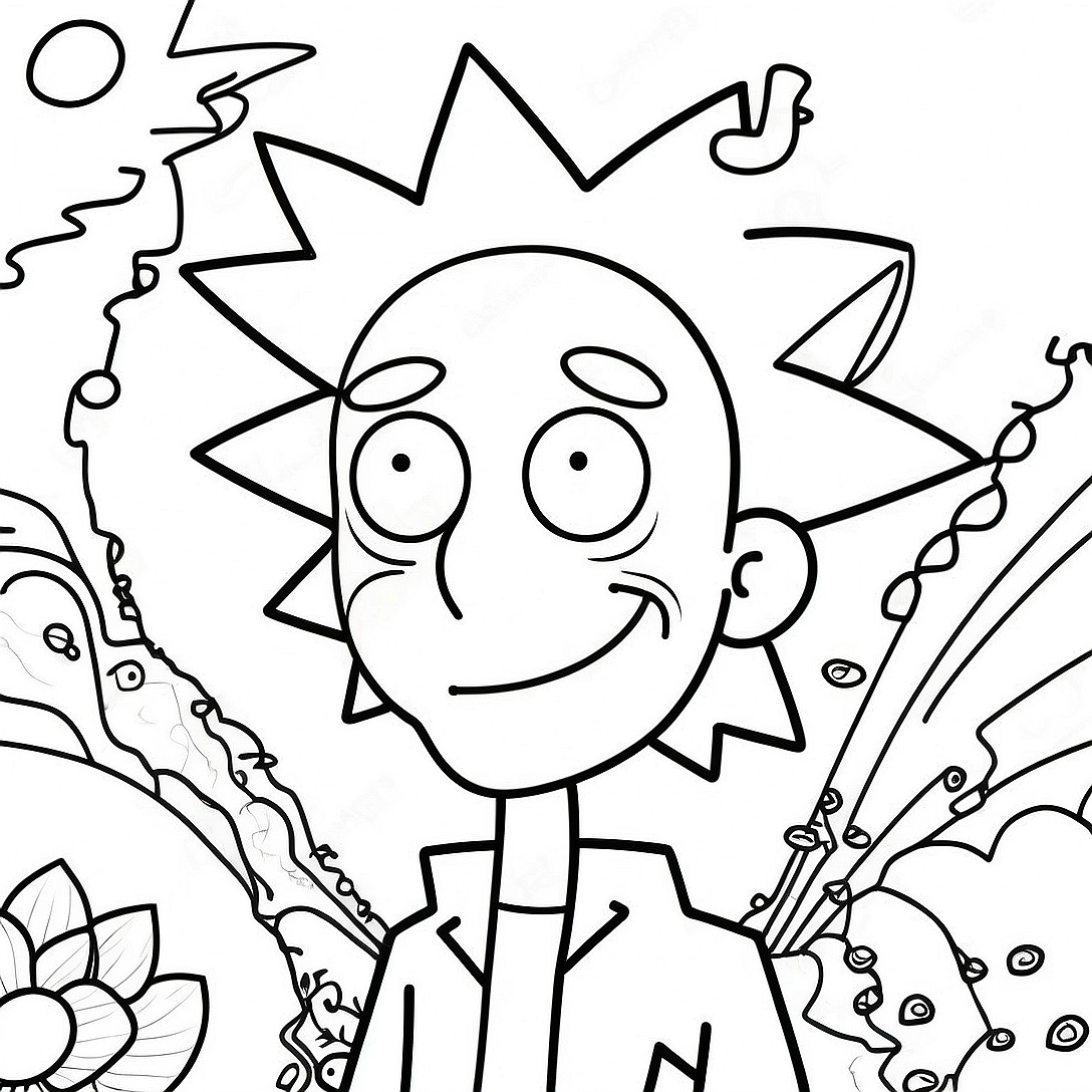 Rick Sanchez with Psychedelic Background Coloring Page | Stoner Rick and Morty Trippy coloring page
