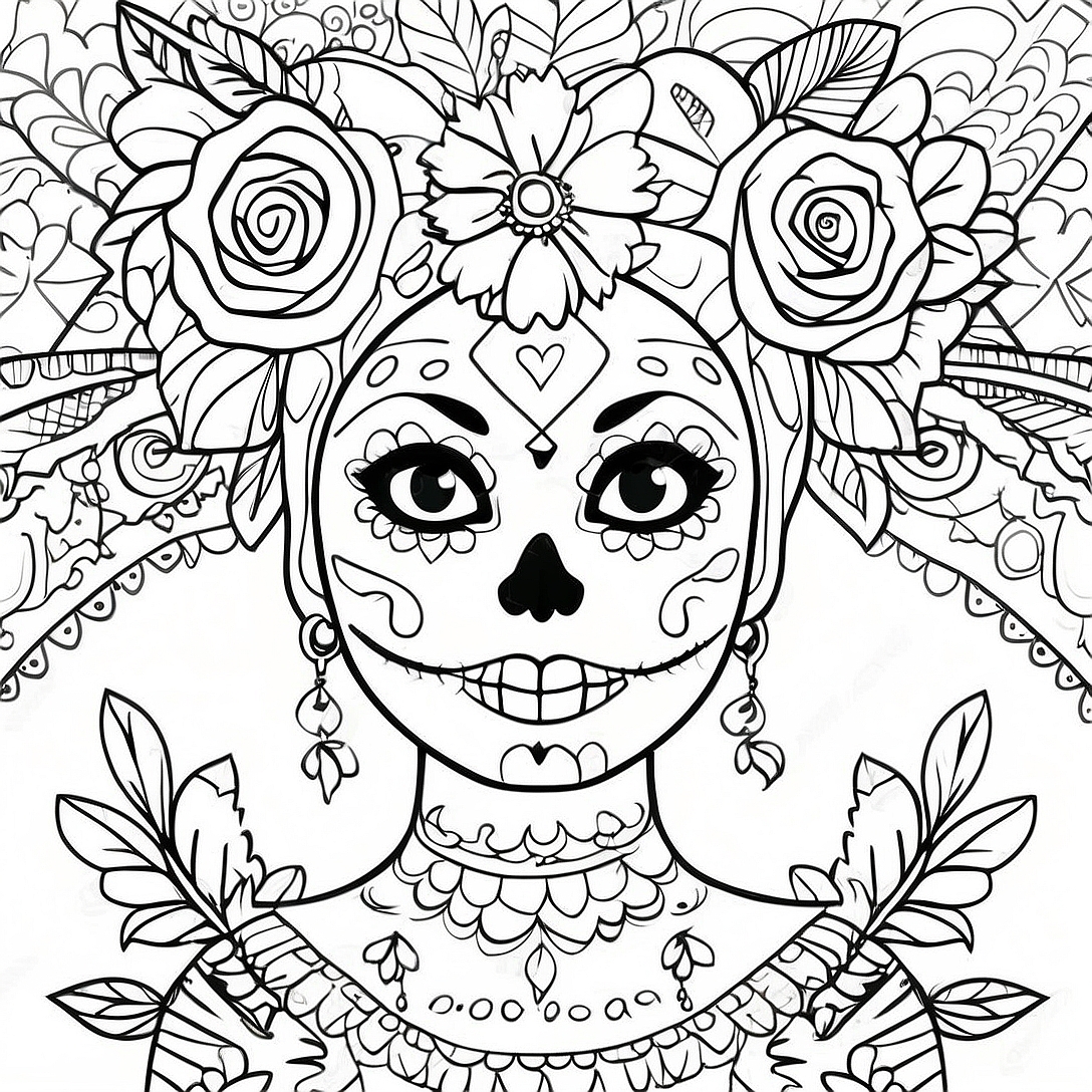 Colorful Day of the Dead Catrina Coloring Page | Day of the Dead coloring page