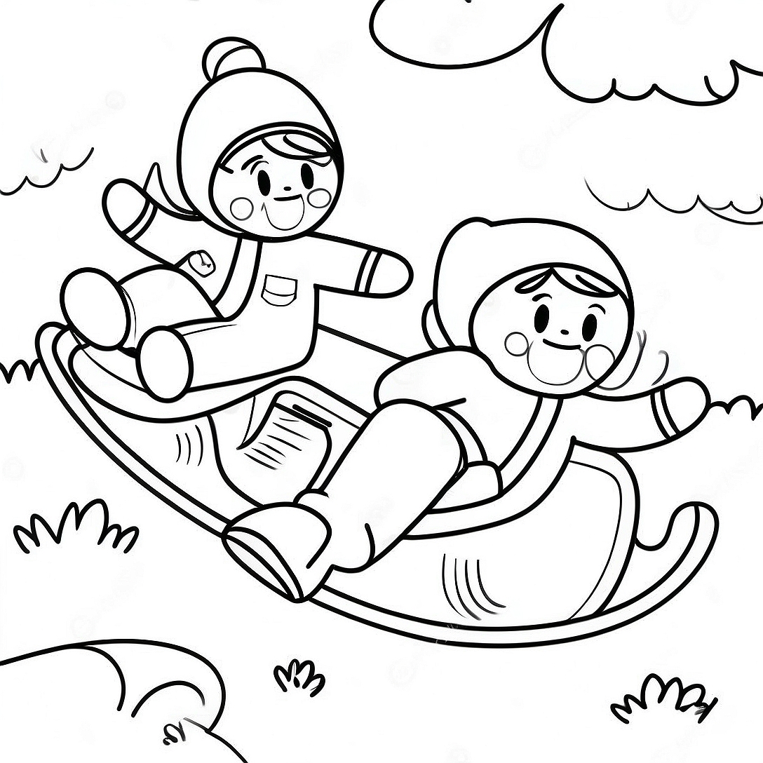 Cute Kids Sledding Down a Hill Coloring Page | Sledding coloring page