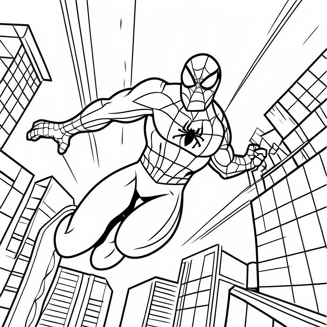 Spiderman 2099 Swinging Through City Coloring Page | Spiderman 2099 coloring page