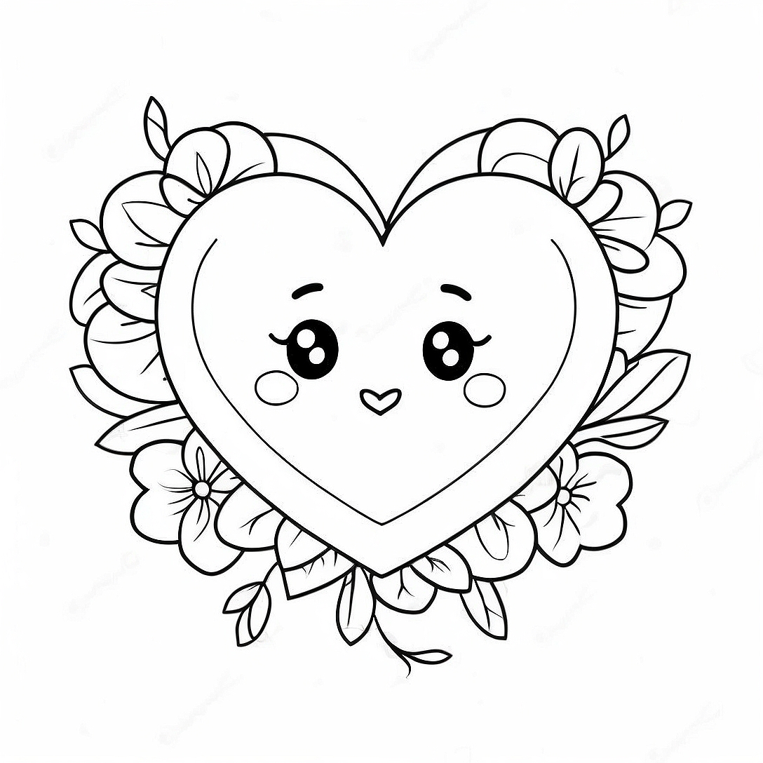 Kawaii Valentines Day Heart Coloring Page | Kawaii Valentines Day coloring page