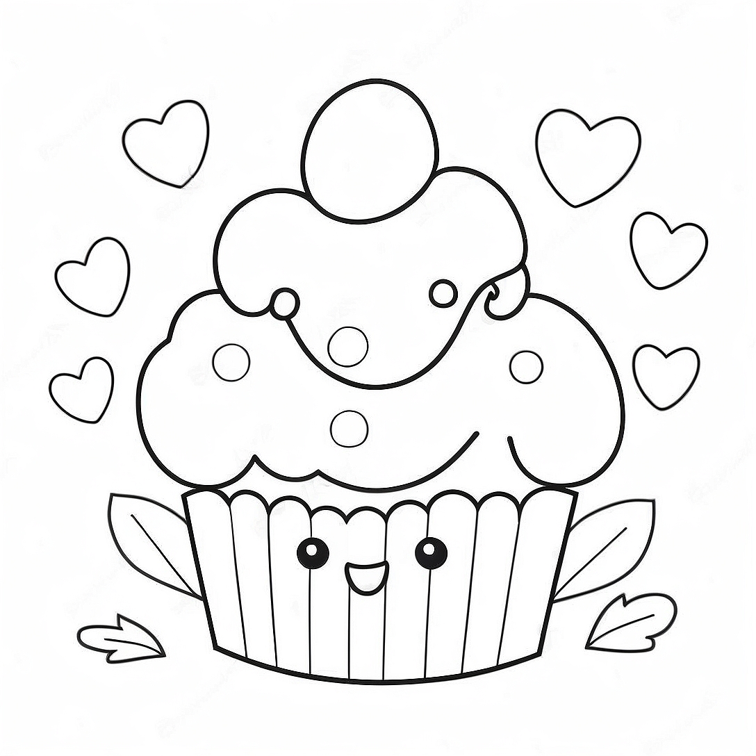 Cute Kawaii Cupcake with Hearts Coloring Page | Kawaii Valentines Day coloring page