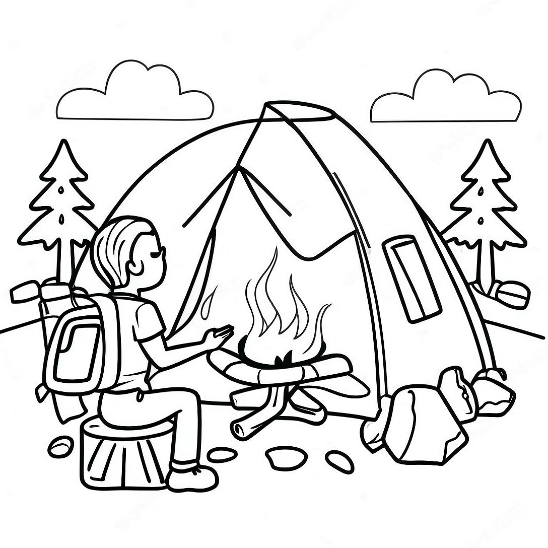 Cheerful Camper by the Campfire Coloring Page | Happy Camper coloring page