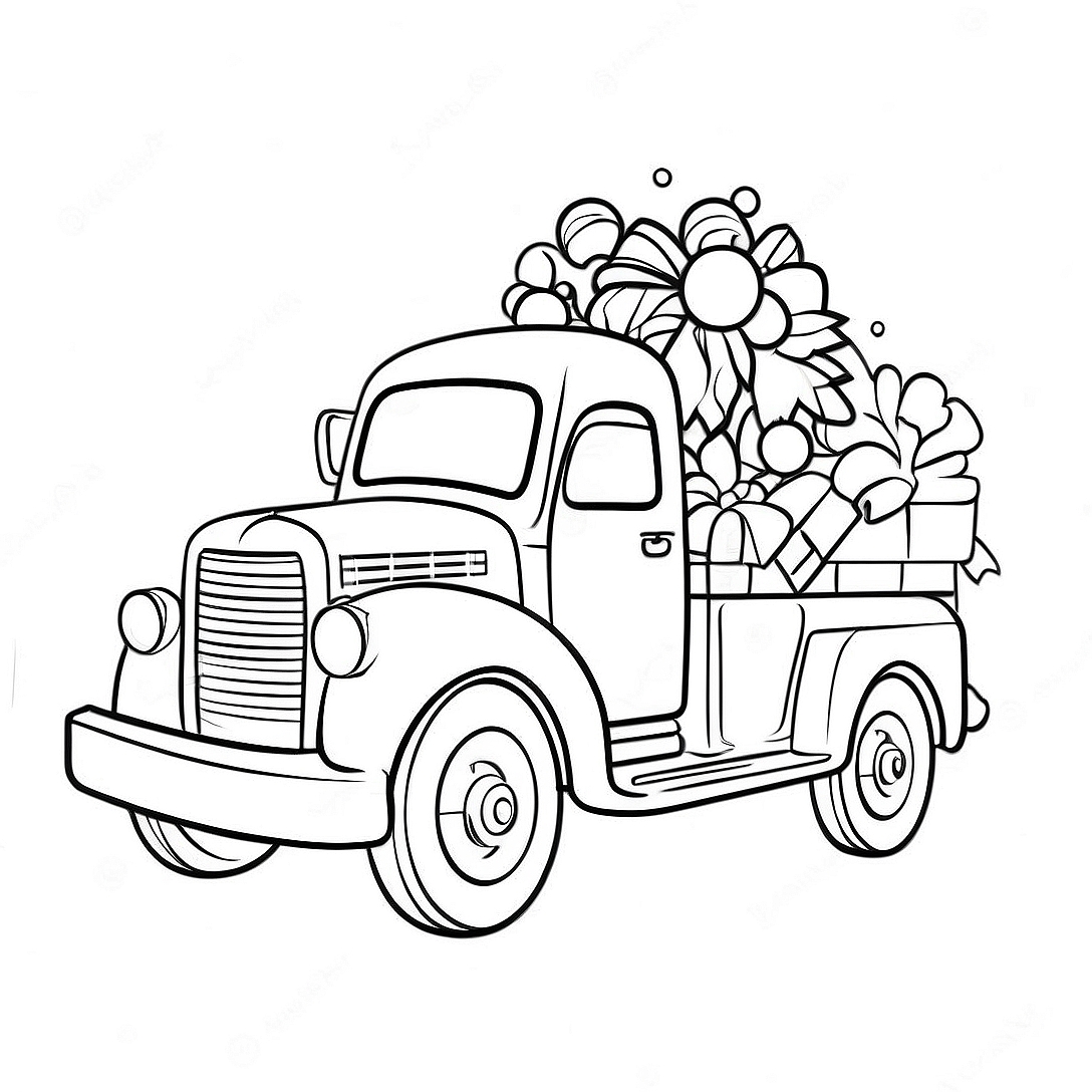 Festive Christmas Truck with Gifts Coloring Page | Christmas Truck coloring page