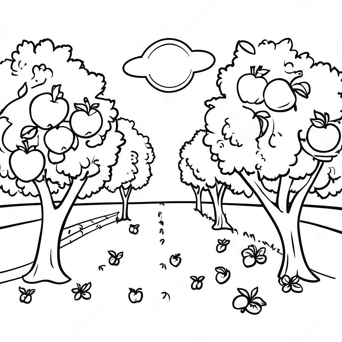 Sunny Apple Orchard Scene Coloring Page | Apple Orchard coloring page