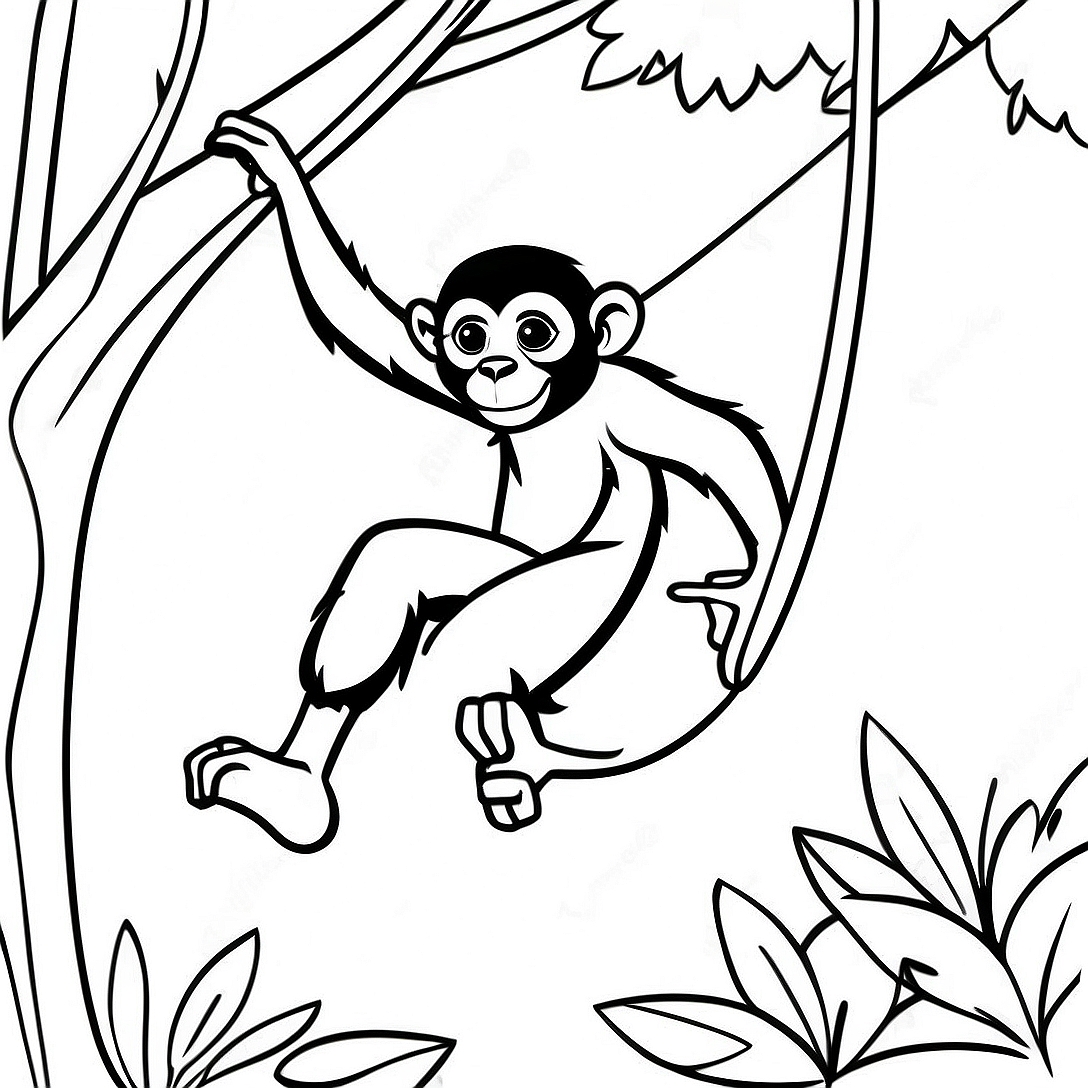 Spider Monkey Swinging Through Trees Coloring Page | Spider Monkey coloring page