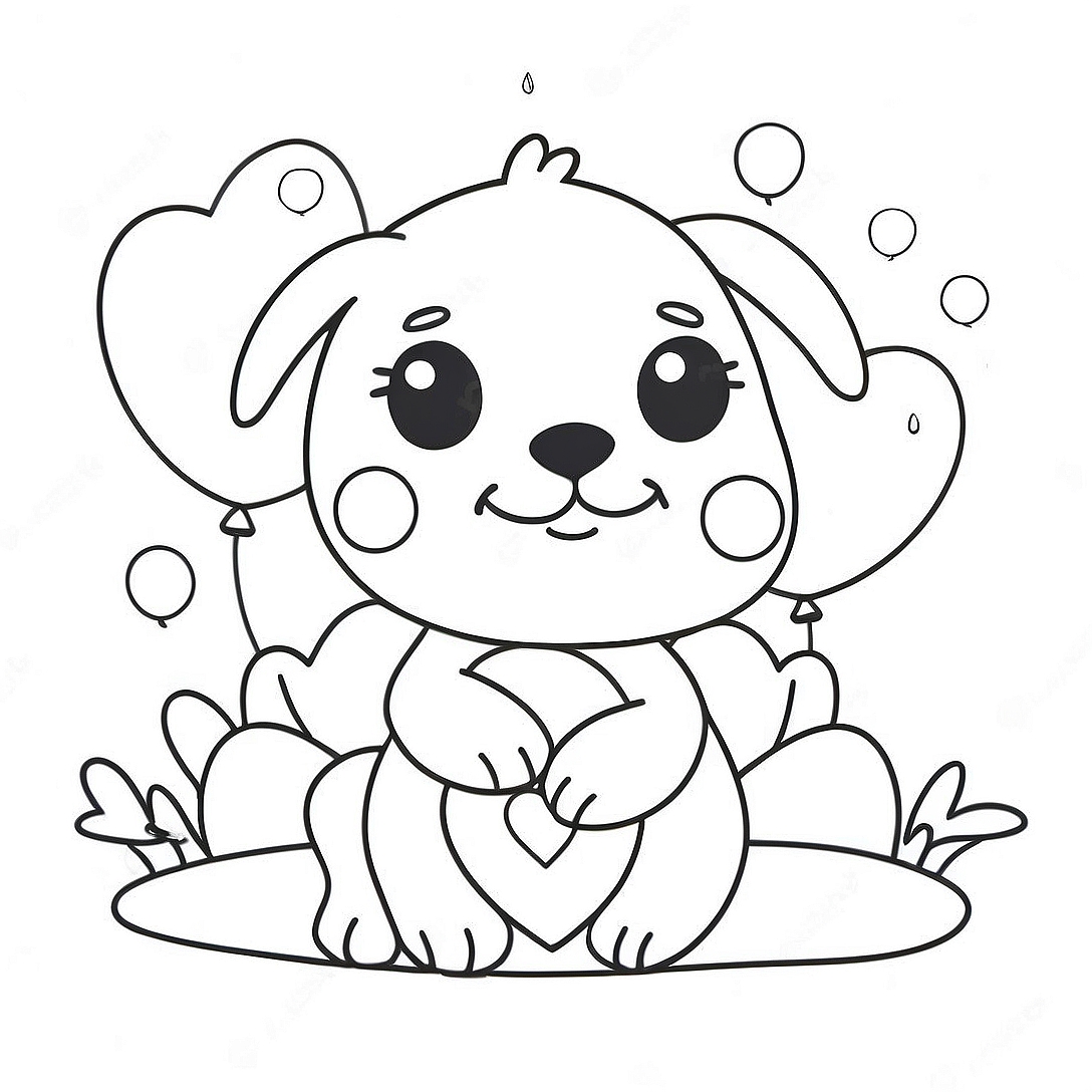 Cute Puppy with Heart Balloons Coloring Page | Dog Valentine coloring page