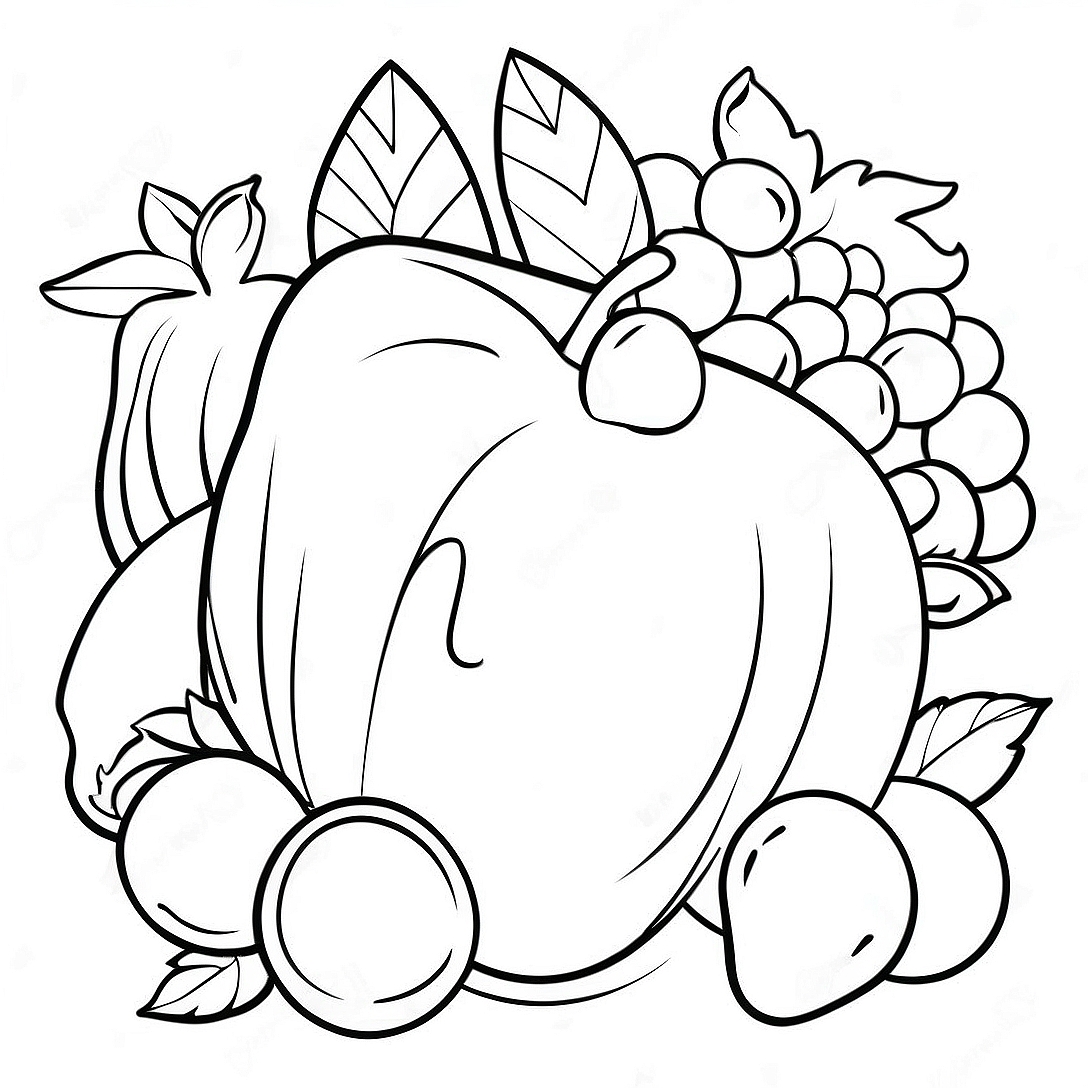 Festive Cornucopia with Fruits Coloring Page | Thanksgiving Cornucopia coloring page