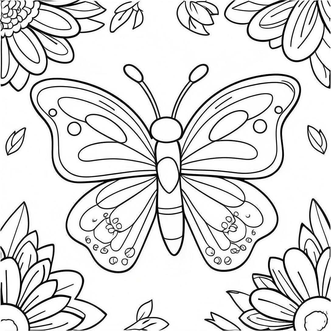 Colorful Butterfly with Flowers Coloring Page | Butterfly Rainbow coloring page