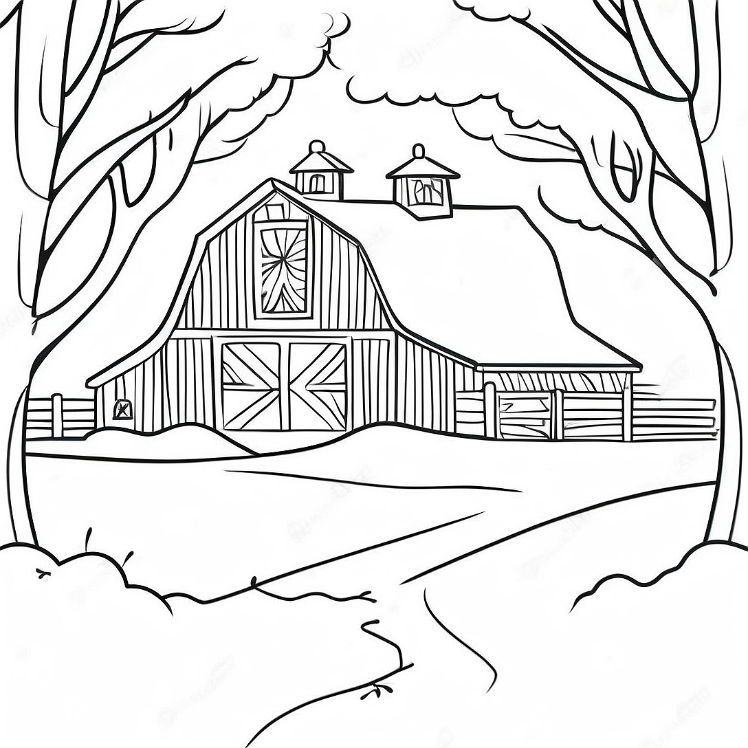 Festive Country Barn with Snow Coloring Page | Country Christmas coloring page
