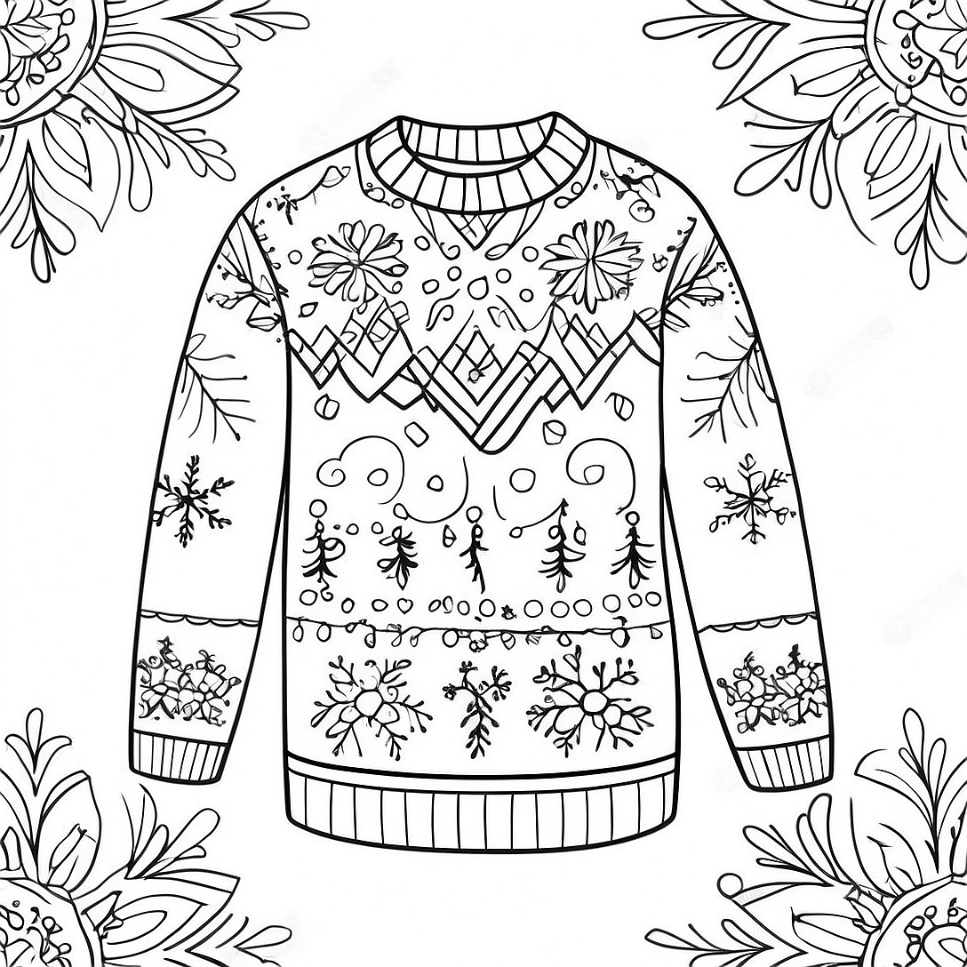 Festive Ugly Christmas Sweater with Snowflakes Coloring Page | Ugly Christmas Sweater coloring page