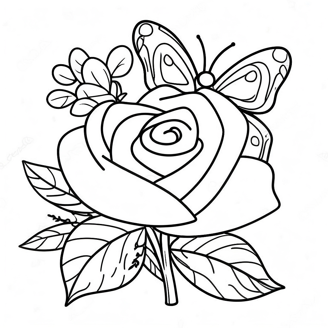 Elegant Rose with Colorful Butterfly Coloring Page | Rose and Butterfly coloring page
