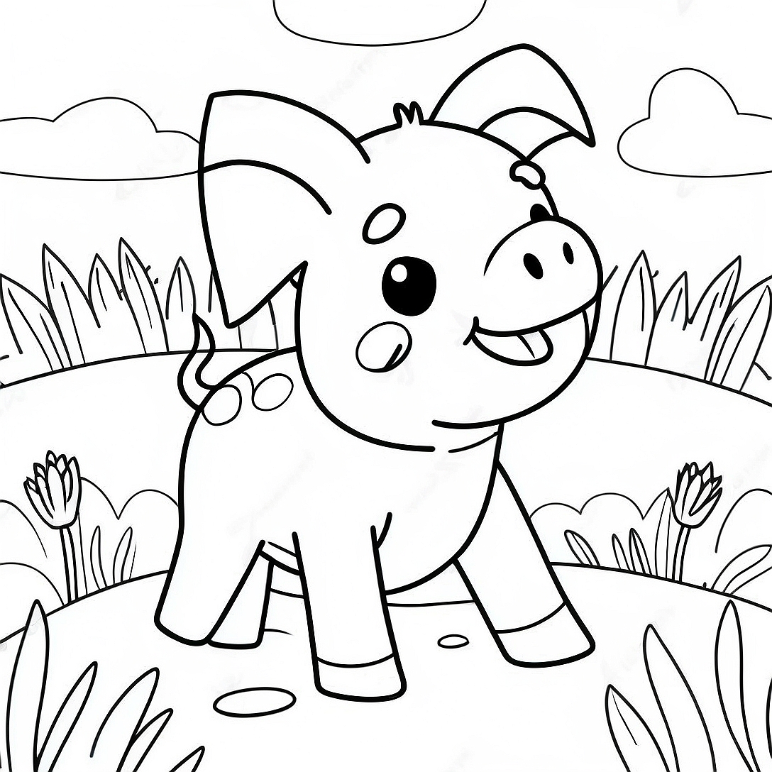 Happy Piglet in a Field Coloring Page | Piglet coloring page