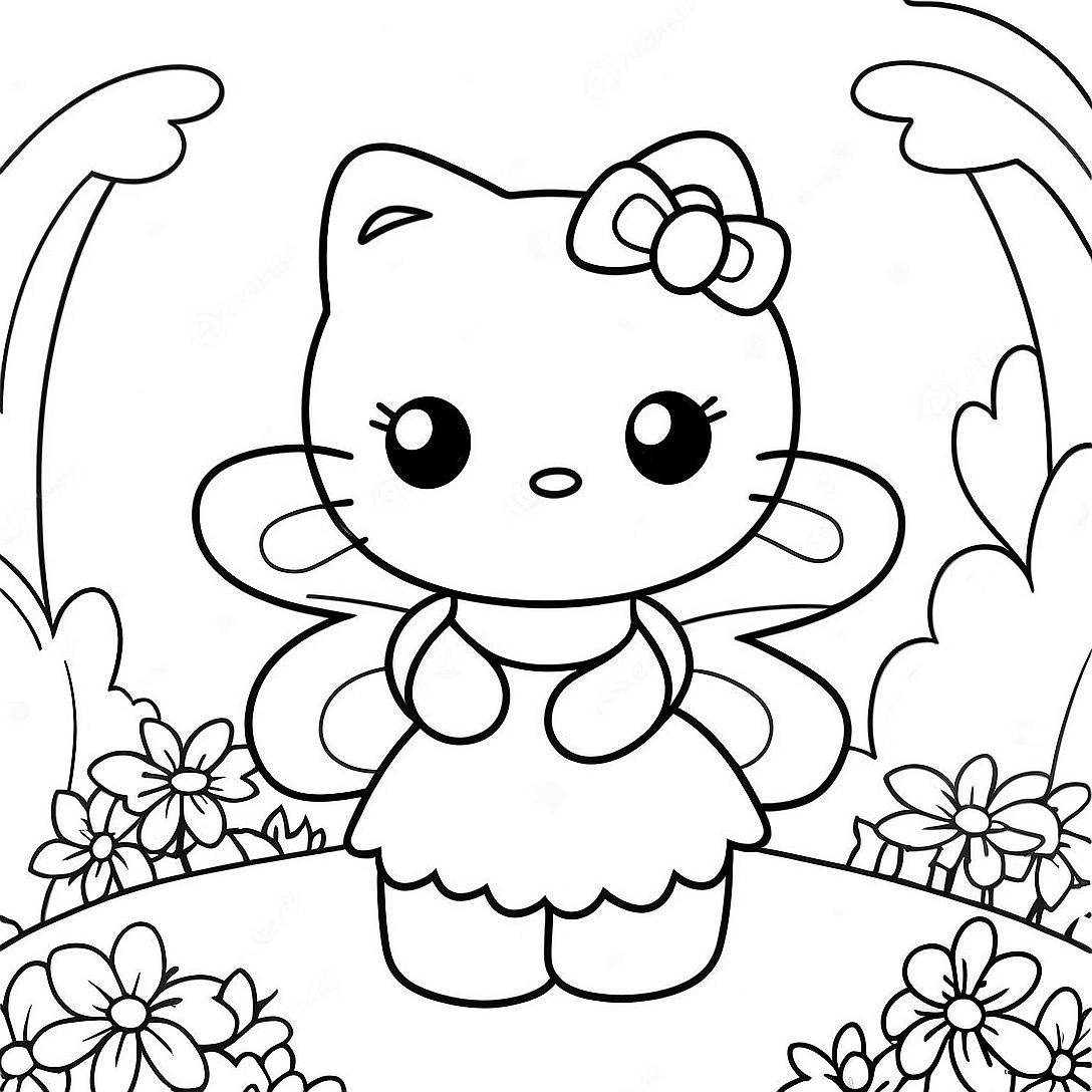 Cute Hello Kitty Fairy in a Flower Garden Coloring Page | Hello Kitty Fairy coloring page