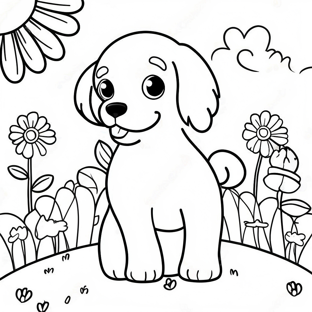 Playful Cavapoo in a Flower Field Coloring Page | Cavapoo coloring page