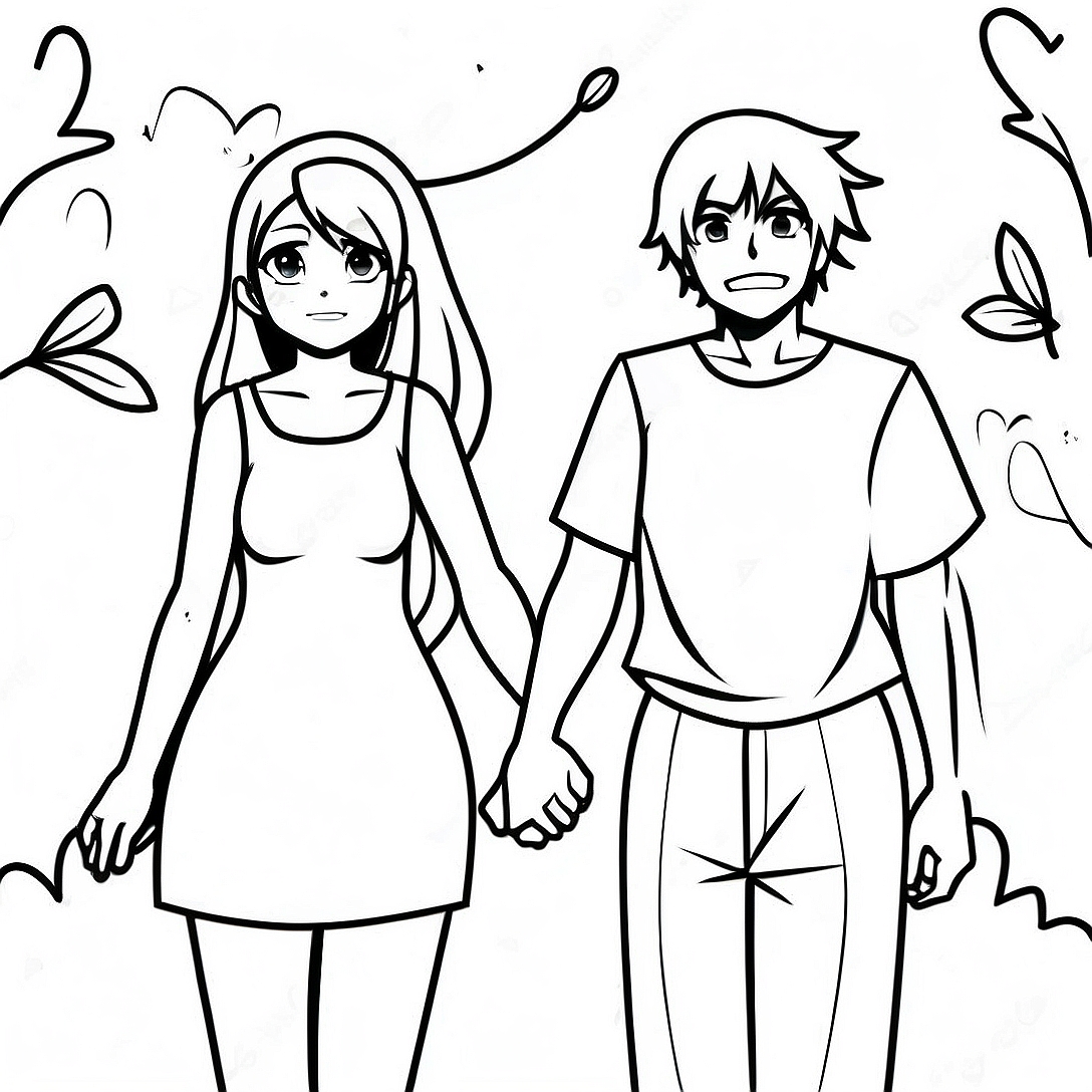 Anime Couple Holding Hands Coloring Page | Anime Couple coloring page