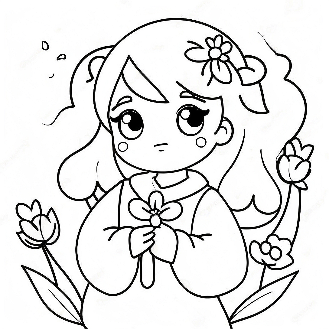 Cute Anime Girl with Flowers Coloring Page | Anime Beauty coloring page